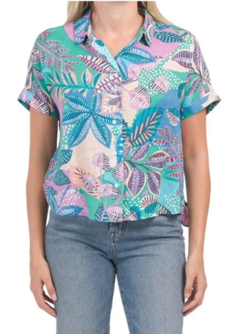 Cynthia Rowley 100% Linen Tropical Leaf Print Button Down Shirt Large